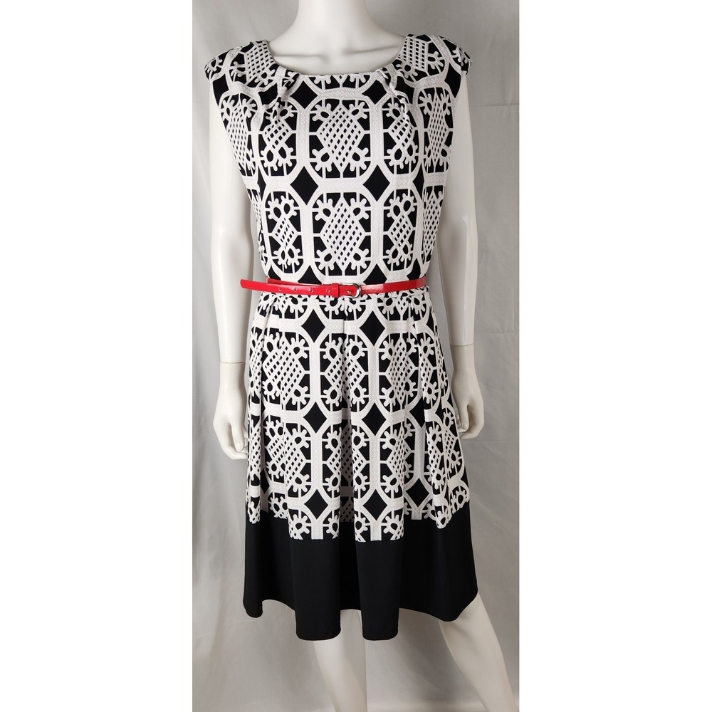Tiana B Women's Black and White Geometric 90s/2000s/Classic Belted Dress 14